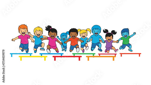 Joyful Jump: A diverse group of children leaps with unbounded glee, embarking on a playful journey over a series of vibrant steps. Captured in a moment of pure happiness.