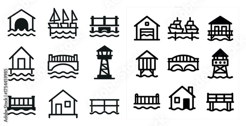 Maritime and bridge outline icons set – linear, silhouette, coastal and nautical graphics