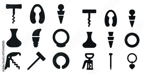 Wine tools solid icons set – filled, corkscrew and bottle stopper symbols