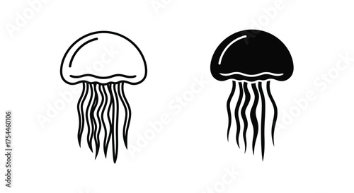 Two jellyfish illustrations, one in outline and one in solid black.