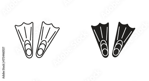 A set of swimming flipper icons, showing one pair as a black outline and the other as a solid black silhouette on a white background.