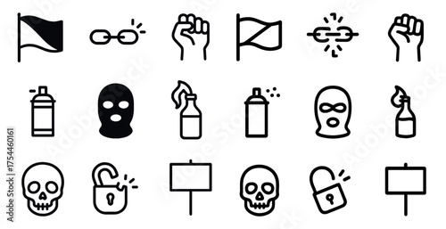Protest and activism solid icons set – outline, silhouette, demonstration symbols