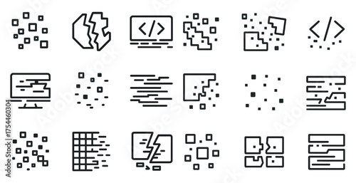 Tech and coding outline icons set – pixel, linear, computing symbols and code elements