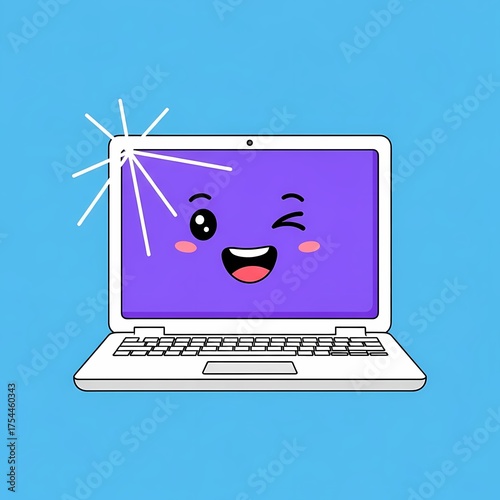 Cute cartoon laptop with purple screen and smiling face on blue background, adorable character with expression of joy and friendliness