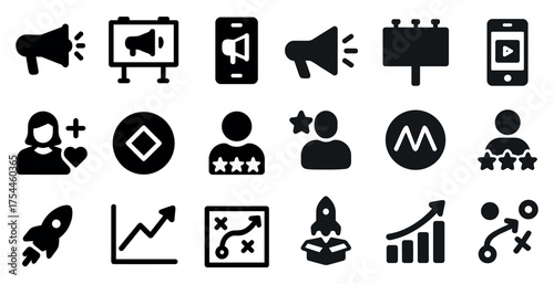 Marketing and communication solid icons set – filled, digital media symbols