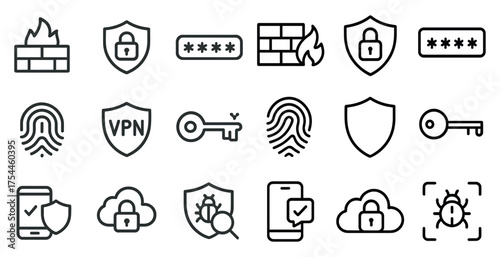 Cybersecurity and protection icons set – outline, secure, privacy symbols