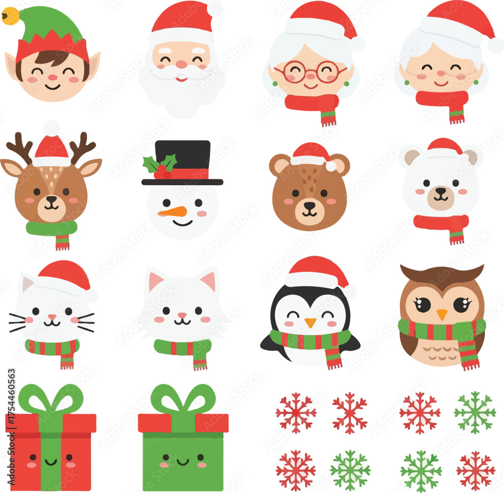 Obraz premium A set of cute cartoon Christmas character faces/avatars and related icons. Featuring an elf, Santa, Mrs. Claus (two styles), reindeer, snowman, bear, polar bear, cat, penguin, and owl, all in festive