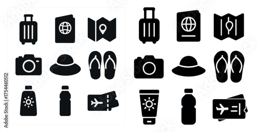 Travel and tourism silhouette icons set – solid, filled, vacation symbols