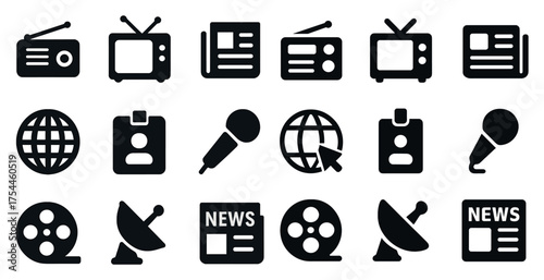 Communication and media icons set: filled, solid, broadcasting and news symbols