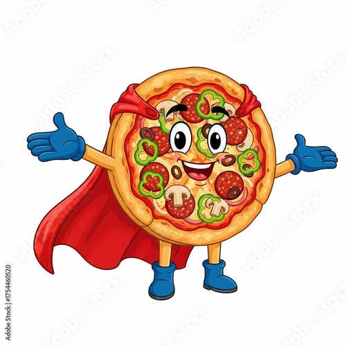 Vector illustration of a cartoon pizza character wearing superhero cape and boots, colorful toppings, smiling face with arms spread wide