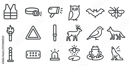 Safety and animal outline icons set – flat, linear, wildlife and emergency symbols