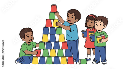 Building Tower of Cups: A group of children diligently stacking colorful cups to construct a towering structure, showcasing their teamwork, creativity, and the joy of shared activity.