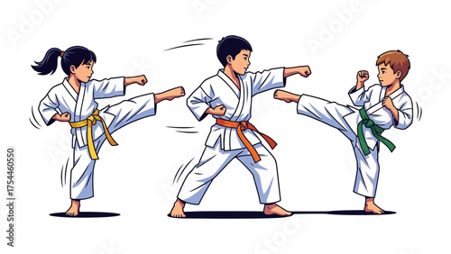 Martial Arts: A group of young practitioners in crisp, white uniforms, diligently executing techniques. Each movement a testament to discipline, focus, and the pursuit of martial art excellence.