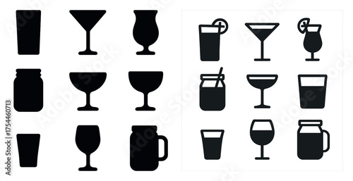 Drinkware silhouette icons set – beverages, glasses, cup collection symbols