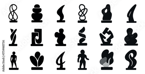 Abstract sculpture silhouette icons set – solid, modern art and statue symbols