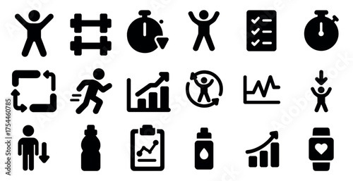 Workout and fitness icons set – solid, filled, exercise and training symbols