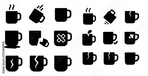 Coffee mug silhouette icons set – solid, flat, beverage and drink symbols