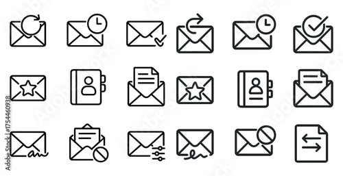 Email communication outline icons set – linear, correspondence, message symbols