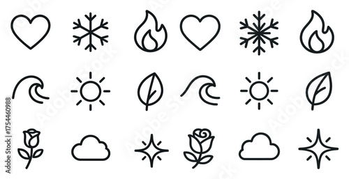 Nature and weather outline icons set – linear, line, climate and floral symbols