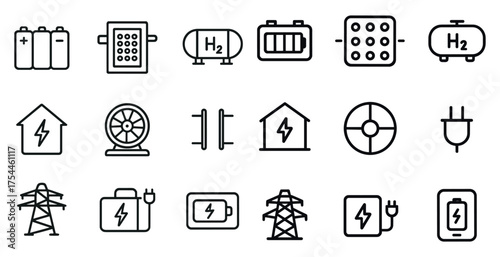 Electricity and energy icons set – outline, linear, power and sustainability symbols
