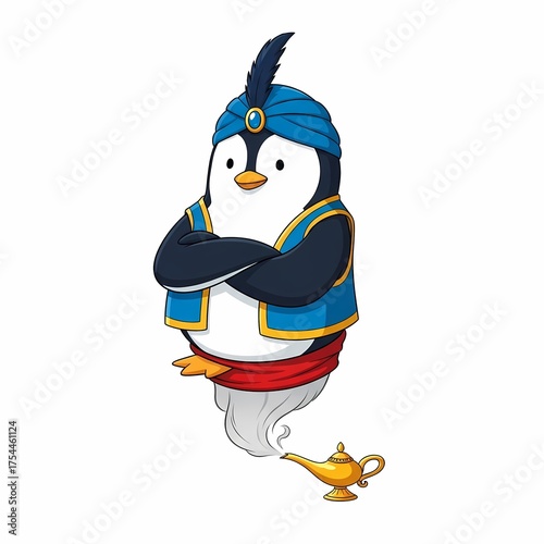 Cute Penguin Genie Floating from Magical Lamp Fantasy Character