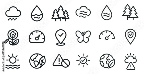 Weather and nature outline icons set – silhouette, linear, climate and ecosystem symbols