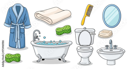 Bathroom Essentials A Cartoon Illustration of Tub, Toilet, Sink, and Accessories
