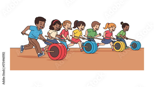 Kids Compete in a Friendly Race: A group of children engage in a spirited and jovial race, each riding a unique, colorful contraption, showcasing the essence of fun and friendly competition.