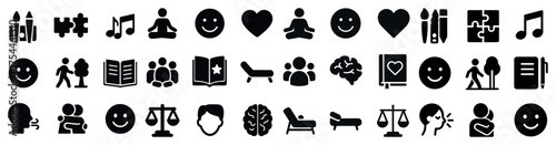 Mental health and wellness silhouette icons set – calm, mindfulness symbols