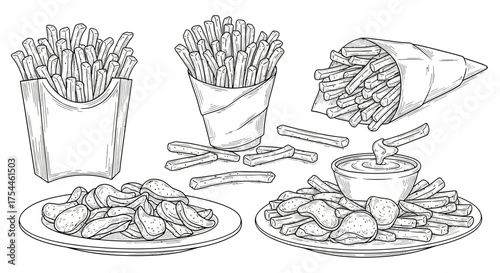 Hand-drawn collection of potato snacks including french fries and chips with dipping sauce in a vintage sketch style