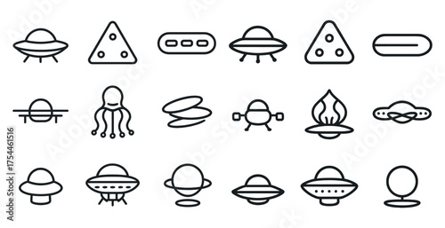 Ufo and alien outline icons set – linear, line, extraterrestrial and space symbols