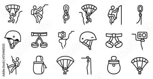 Rock climbing linear icons set – outline, silhouette, adventure and outdoor symbols
