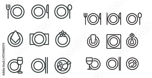 Dining and kitchen outline icons set – flat, silhouette, food and tableware symbols