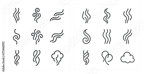 Smoke outline icons set – silhouette, linear, vapor and mist symbols
