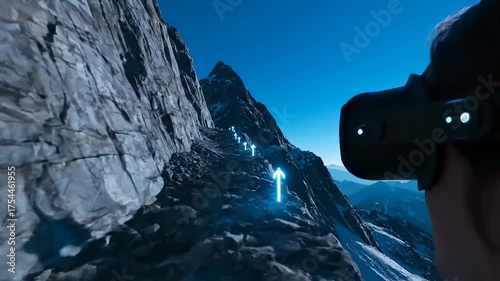 Gamer wearing VR headset climbs virtual mountain path guided by glowing arrows in augmented reality