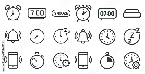 Alarm clock outline icon set – time, wake-up, snooze symbols for productivity