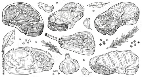 Hand-drawn Beef Steaks with Garlic, Herbs, and Pepper