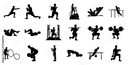Men exercising with weights and equipment fitness exercise