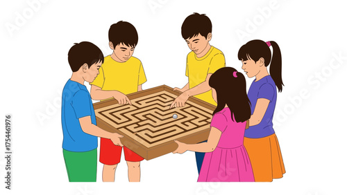 Maze Solver Team: A group of children huddled together, focused on solving a wooden maze. They work as a team, with each member contributing to the common goal