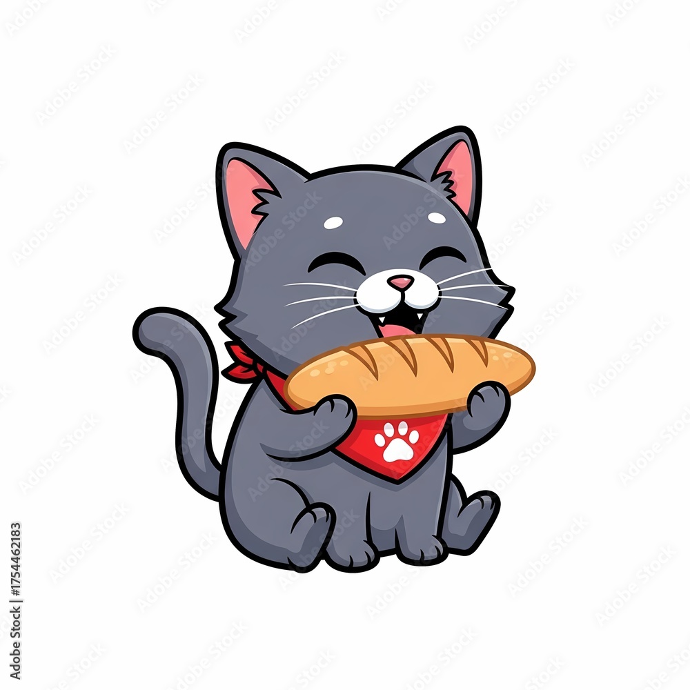 Obraz premium Cute Cartoon Gray Cat Wearing Red Bandana Holding and Eating a Delicious Baguette Bread
