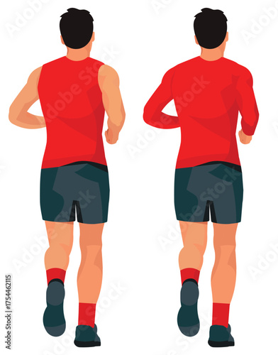 Two isolated vector figures of a man from behind, jogging in summer and winter sportswear