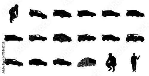 Racing driver and vehicles silhouette rally car