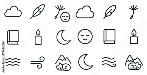Nature and relaxation line icons set – silhouette, outline, calm and serenity symbols