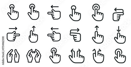 Hand gesture outline icons set – linear, line, touch symbols for digital interfaces