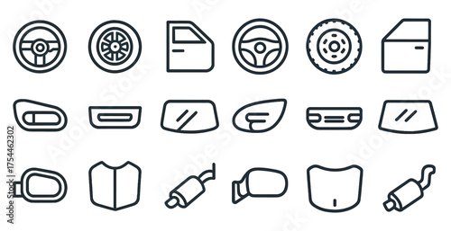 Car parts line icons set – flat, outline, automotive and vehicle components