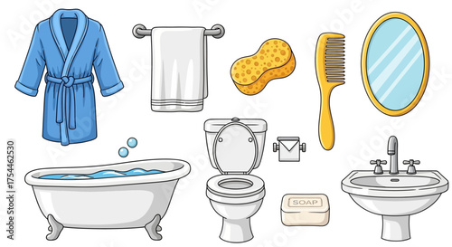 A comprehensive collection of bathroom essentials, featuring a plush robe, bubbly bathtub, clean toilet, sink, mirror, and grooming tools