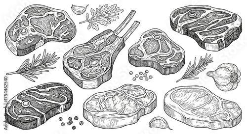 Engraved Beef Steak Collection A Detailed Illustration of Premium Cuts