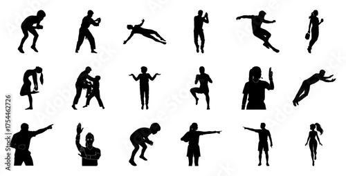Silhouettes of people in various poses action sport