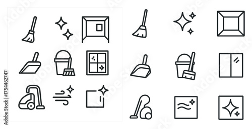 Home cleaning outline icons set – flat, sanitary, housekeeping symbols