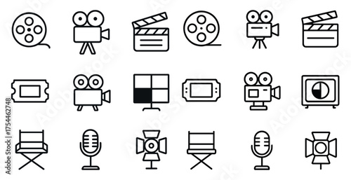 Film and cinema linear icons set – outline, movie, video production symbols